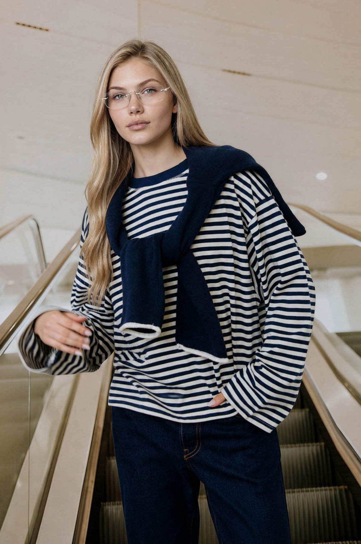 Striped Contrast Crew Neck Long Sleeve Knit Top