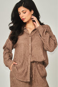 Crinkled Rhinestone Button Down Shirt Loungewear Set