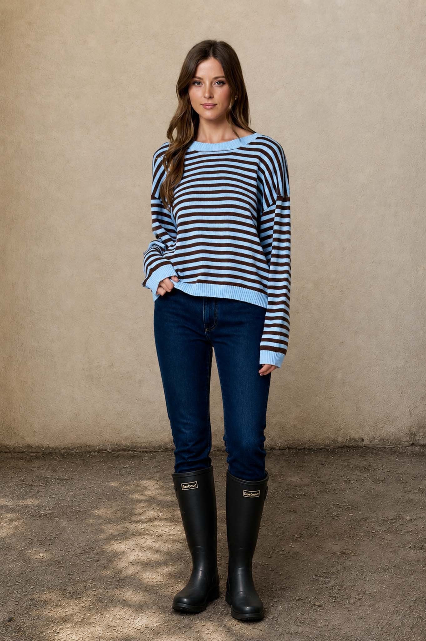 Stripe Relaxed Back Button Detail Knit Sweater- Light Blue