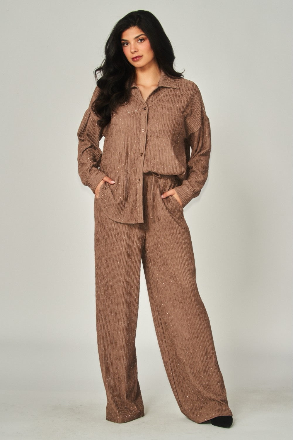 Crinkled Rhinestone Button Down Shirt Loungewear Set