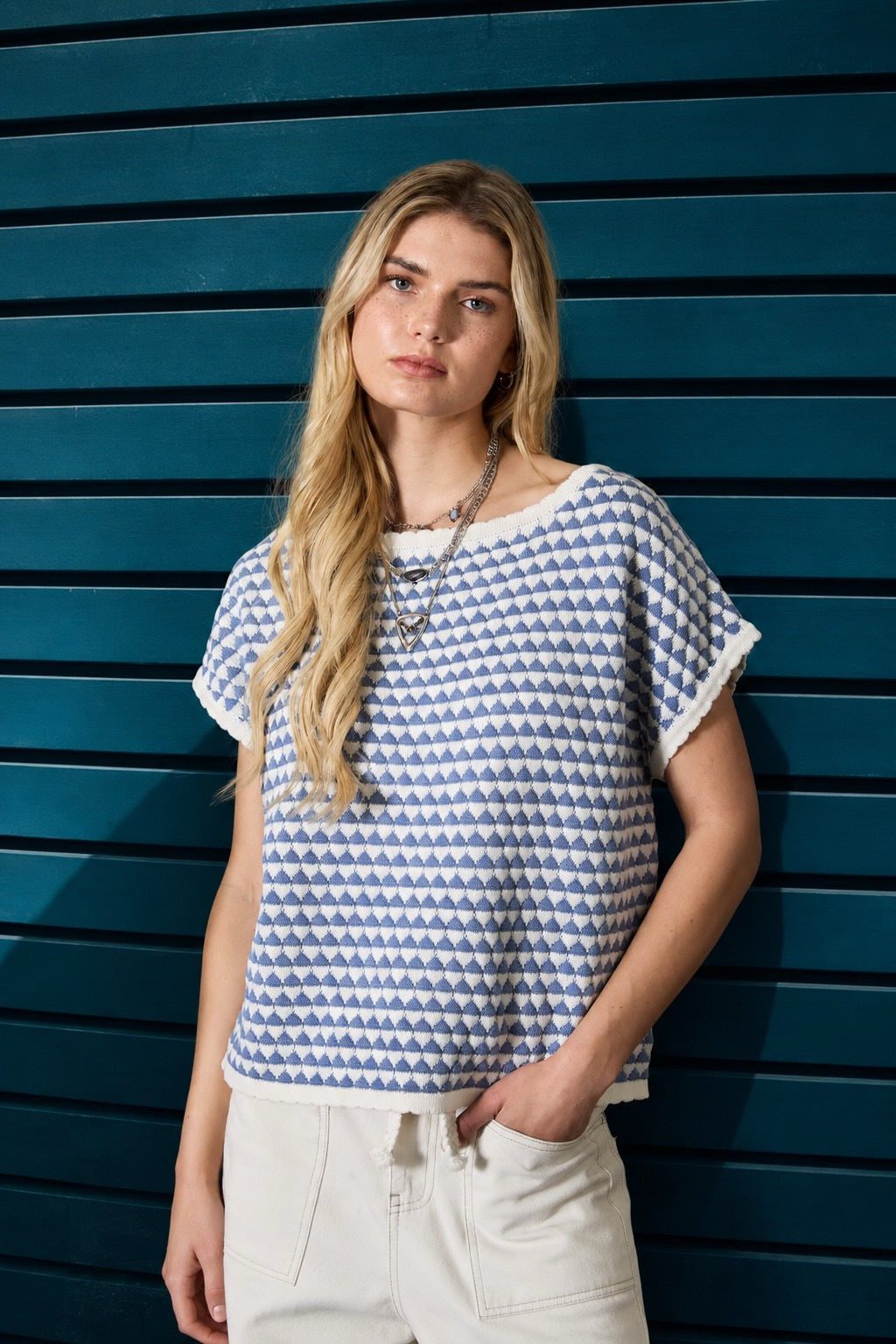 Geometric Stripe Short Sleeve Sweater Knit Top
