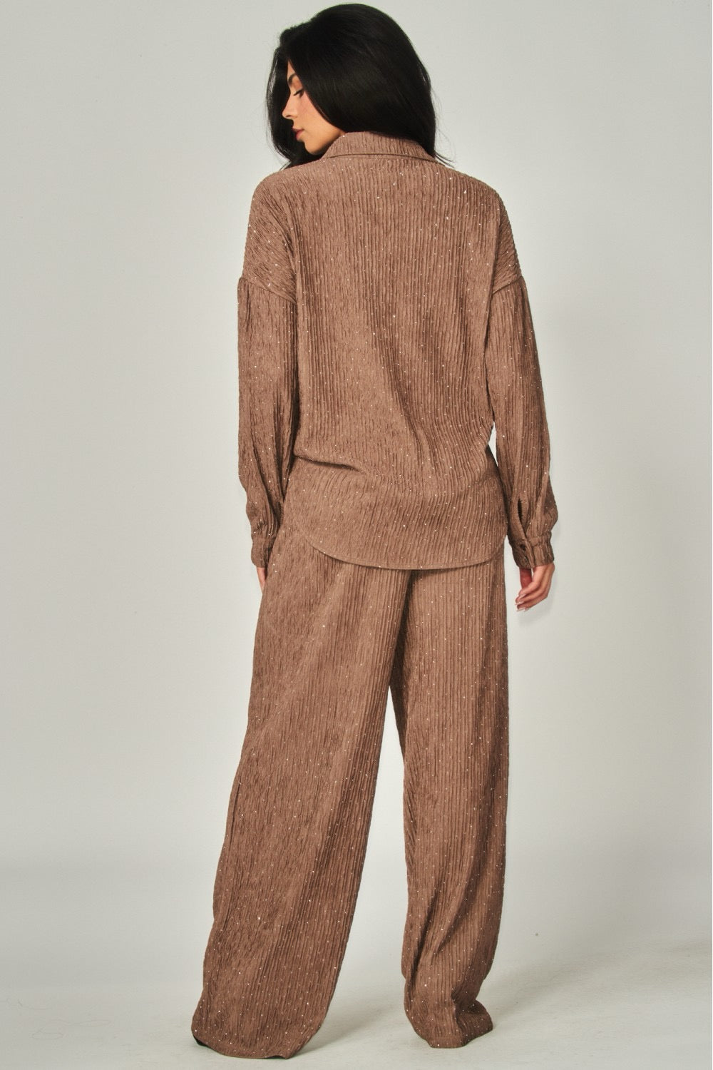 Crinkled Rhinestone Button Down Shirt Loungewear Set