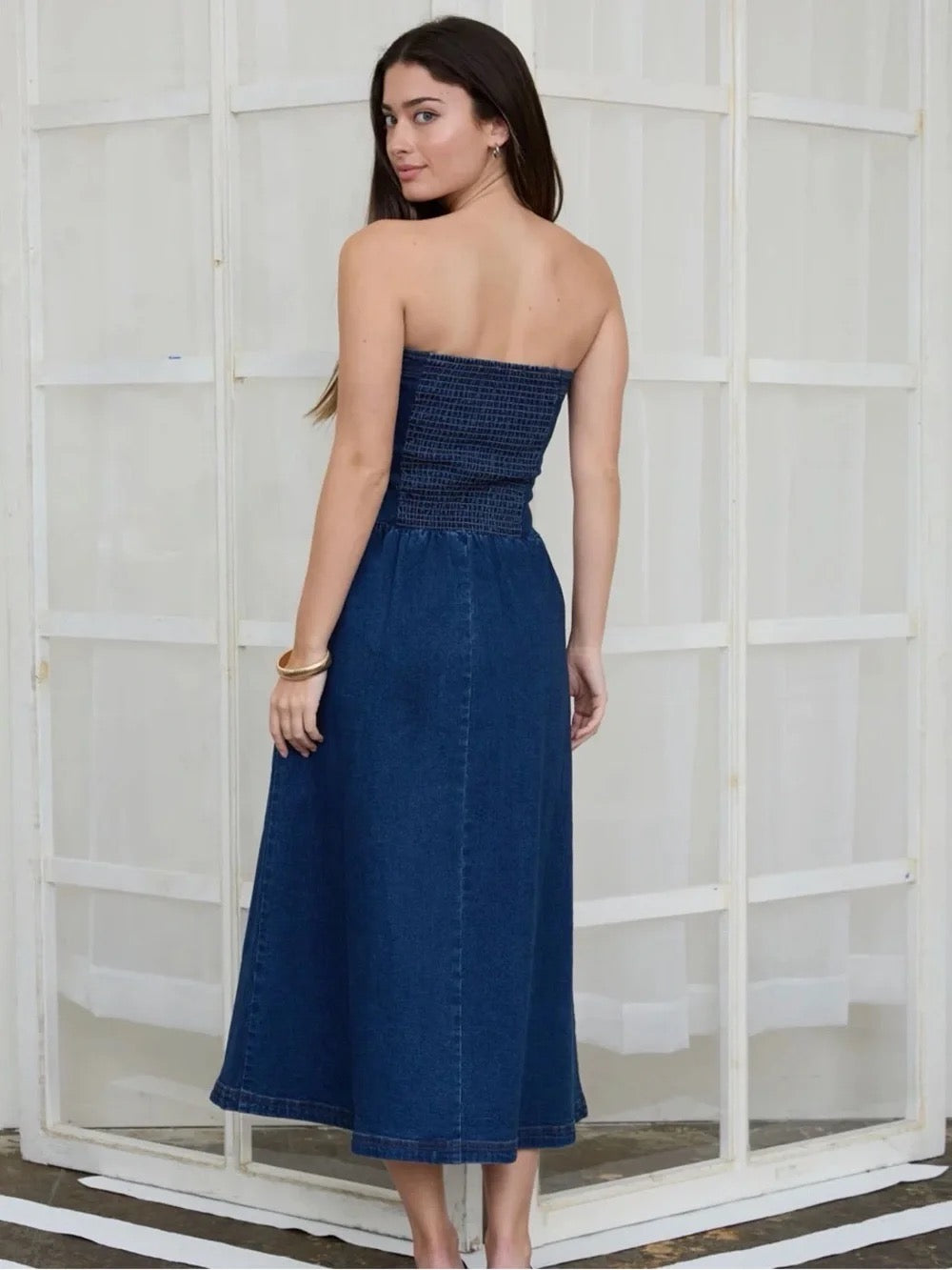 STRAPLESS DENIM MIDI DRESS - DARK DENIM