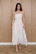 STRIPE PLEATED STRAPLESS LINEN MIDI DRESS - BROWN