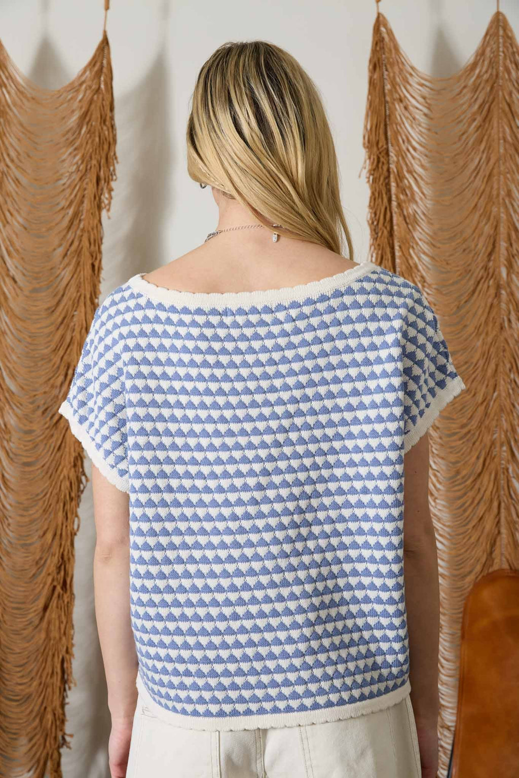 Geometric Stripe Short Sleeve Sweater Knit Top
