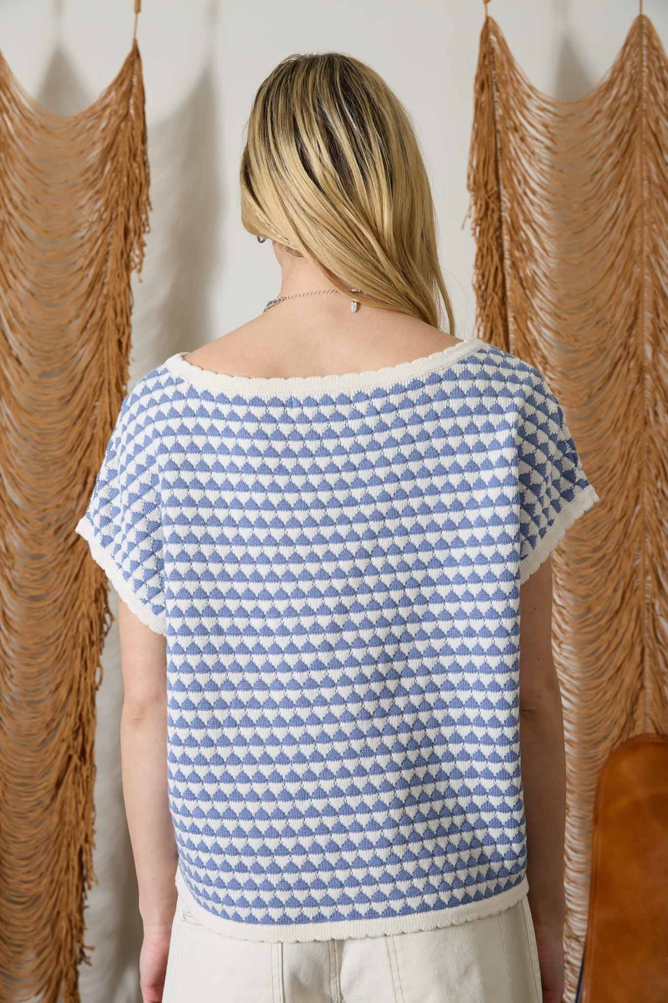 Geometric Stripe Short Sleeve Sweater Knit Top