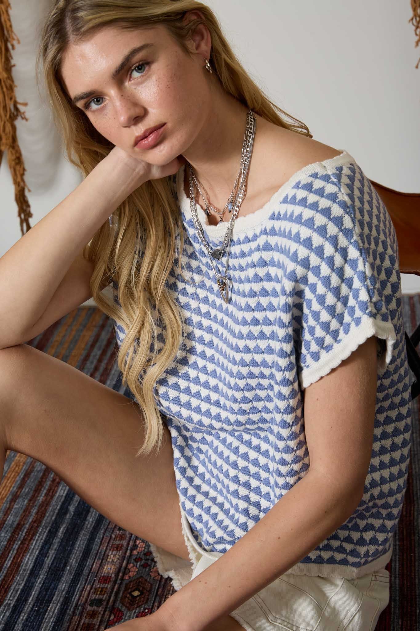 Geometric Stripe Short Sleeve Sweater Knit Top