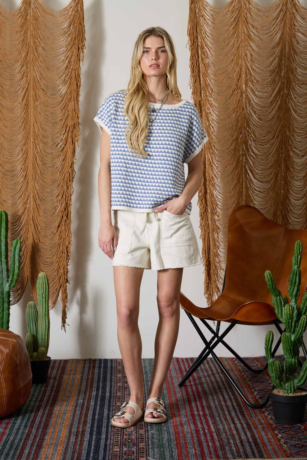 Geometric Stripe Short Sleeve Sweater Knit Top