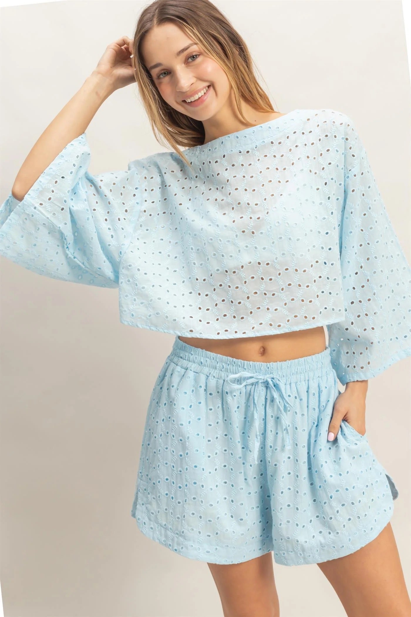 Eyelet Long Sleeve Top & Shorts Set