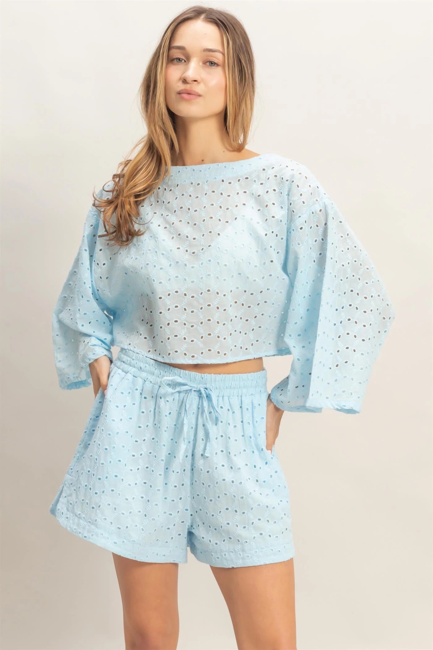 Eyelet Long Sleeve Top & Shorts Set