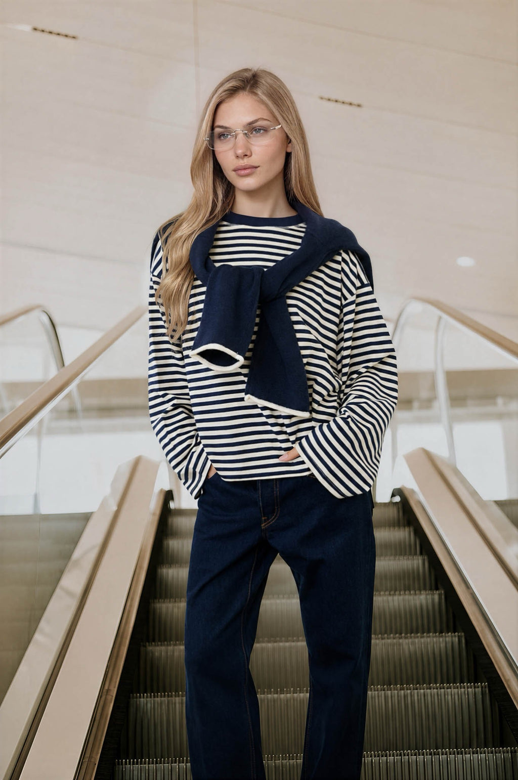 Striped Contrast Crew Neck Long Sleeve Knit Top