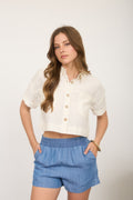 Collared Button Down Cuff Sleeve Crop Top