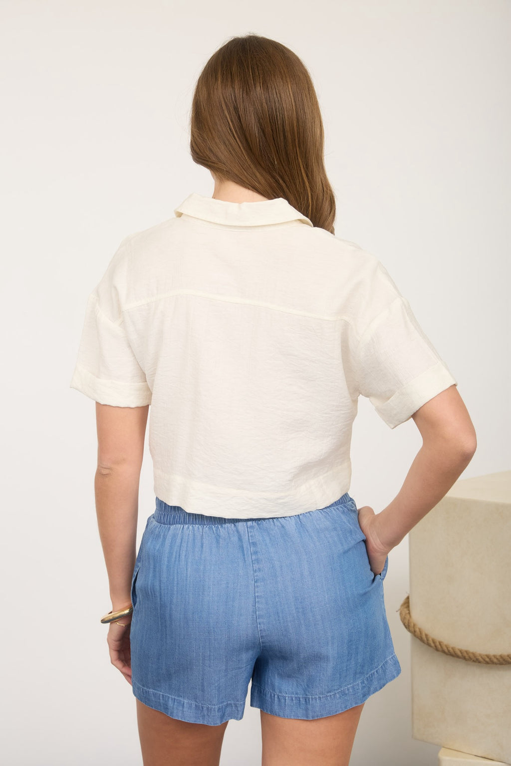 Collared Button Down Cuff Sleeve Crop Top
