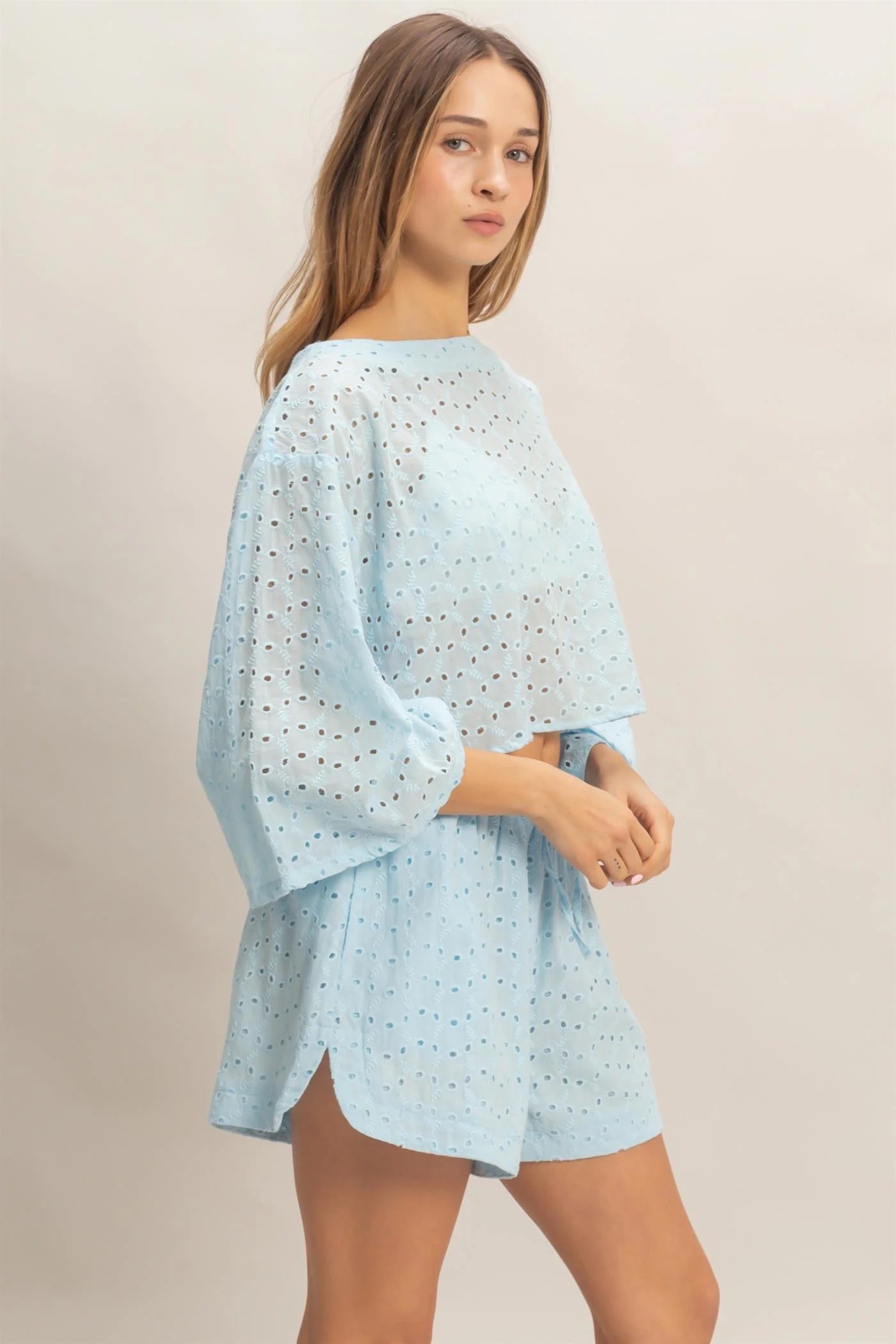 Eyelet Long Sleeve Top & Shorts Set