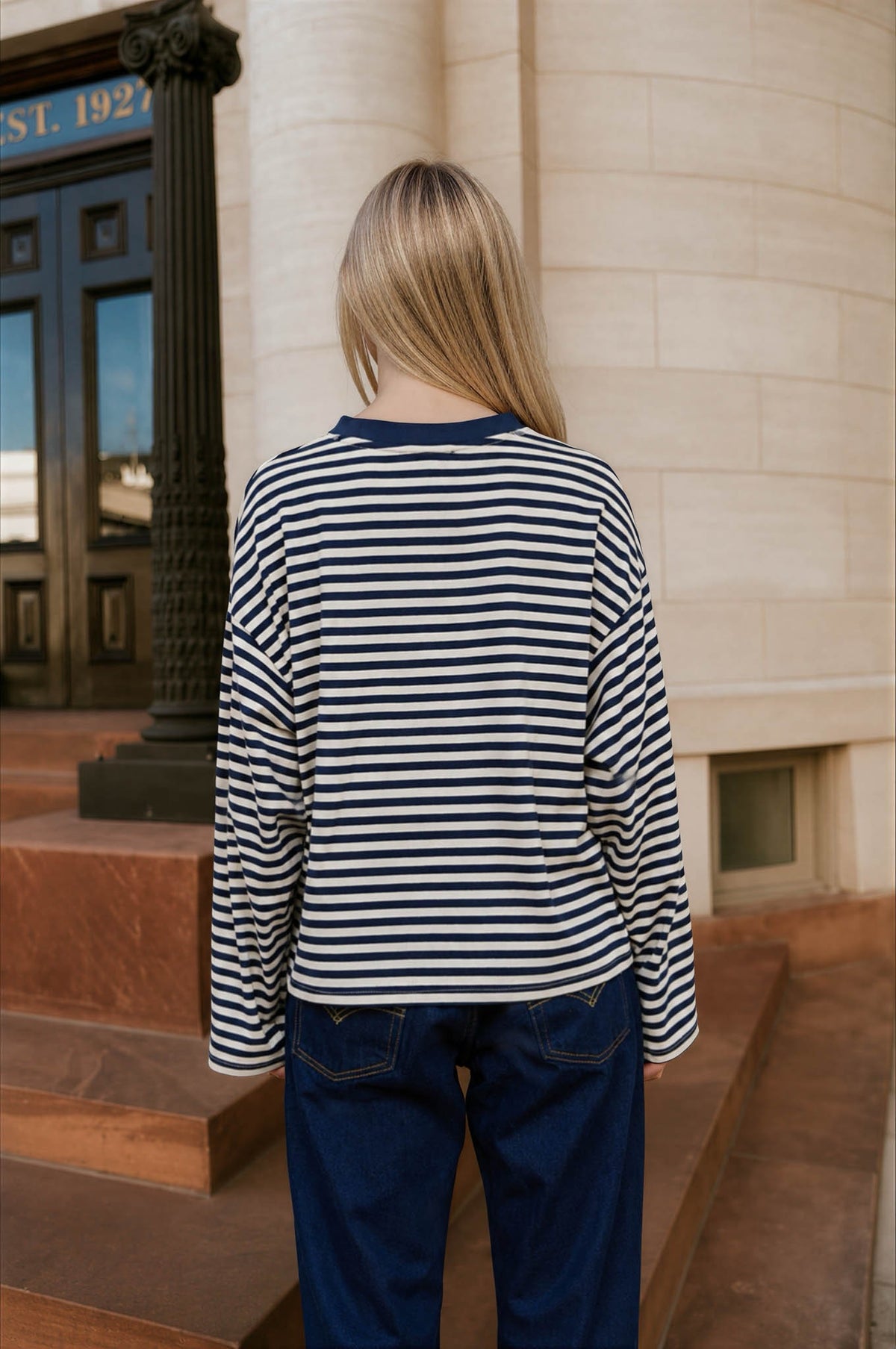 Striped Contrast Crew Neck Long Sleeve Knit Top