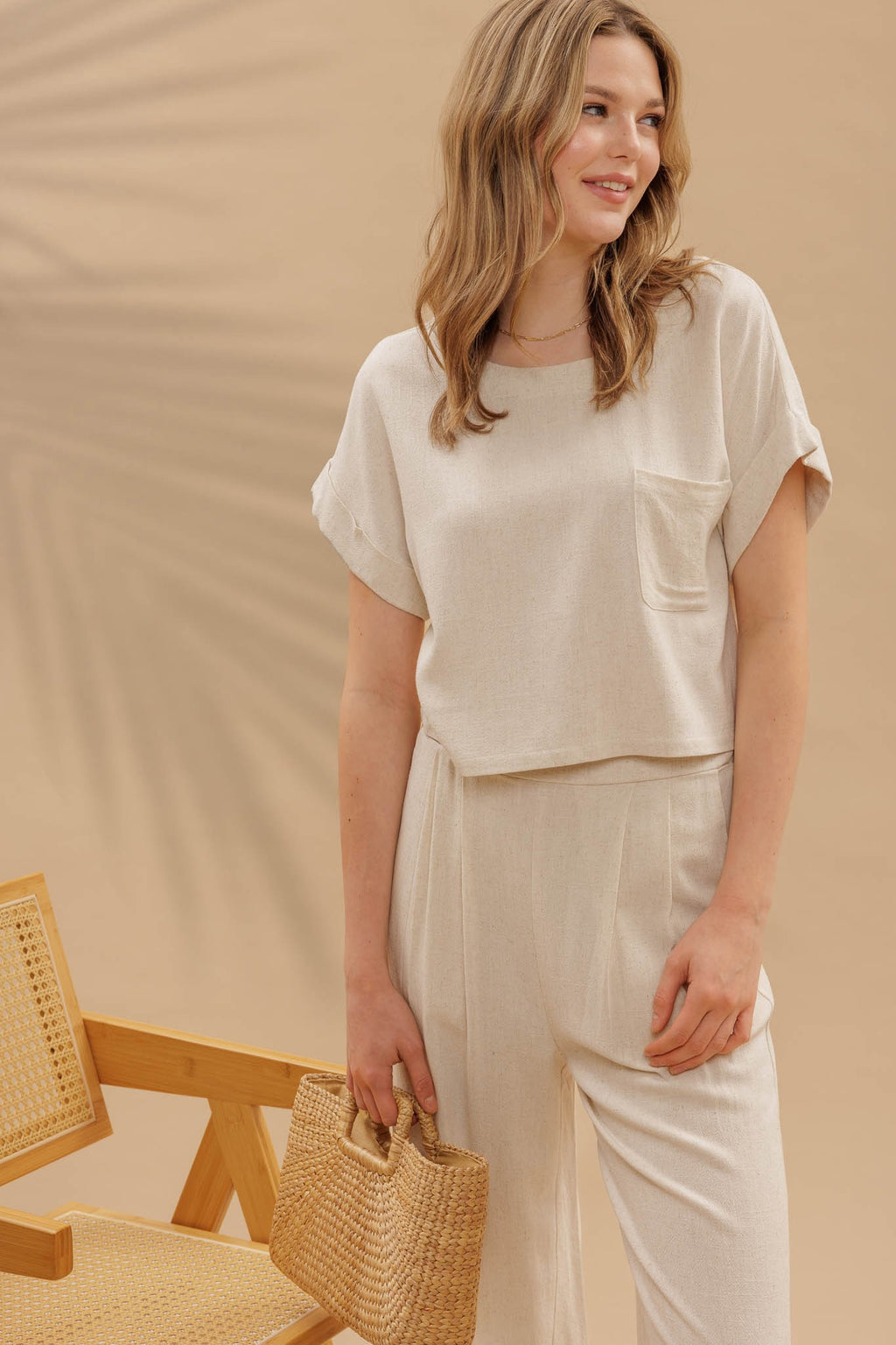 Boat Neck Short Fold Sleeve Boxy Cut Top & High Waist Wide Leg Pleated Pants Set