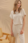 Boat Neck Short Fold Sleeve Boxy Cut Top & High Waist Wide Leg Pleated Pants Set