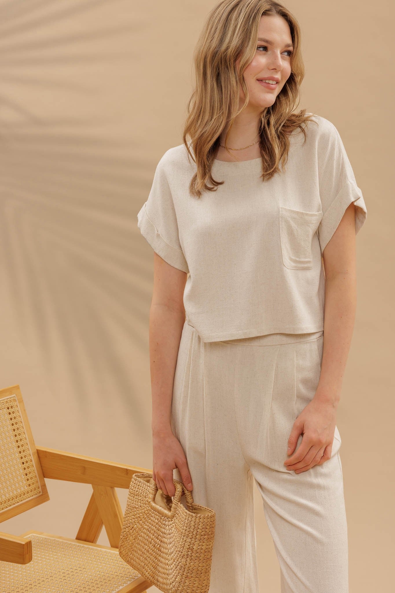 Boat Neck Short Fold Sleeve Boxy Cut Top & High Waist Wide Leg Pleated Pants Set