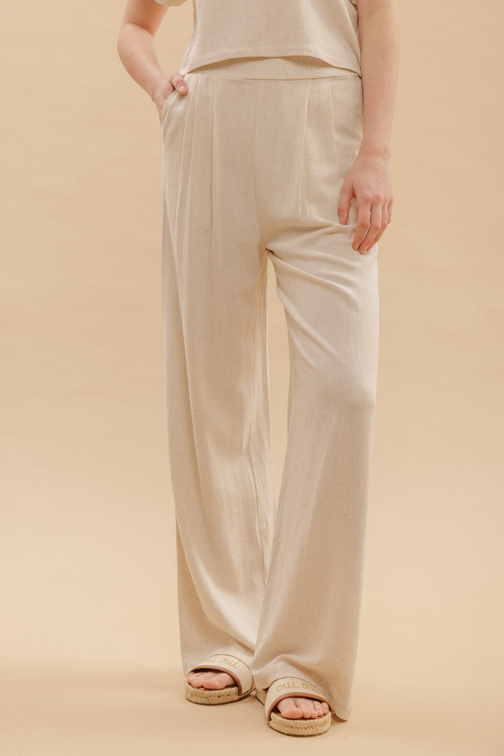 Boat Neck Short Fold Sleeve Boxy Cut Top & High Waist Wide Leg Pleated Pants Set