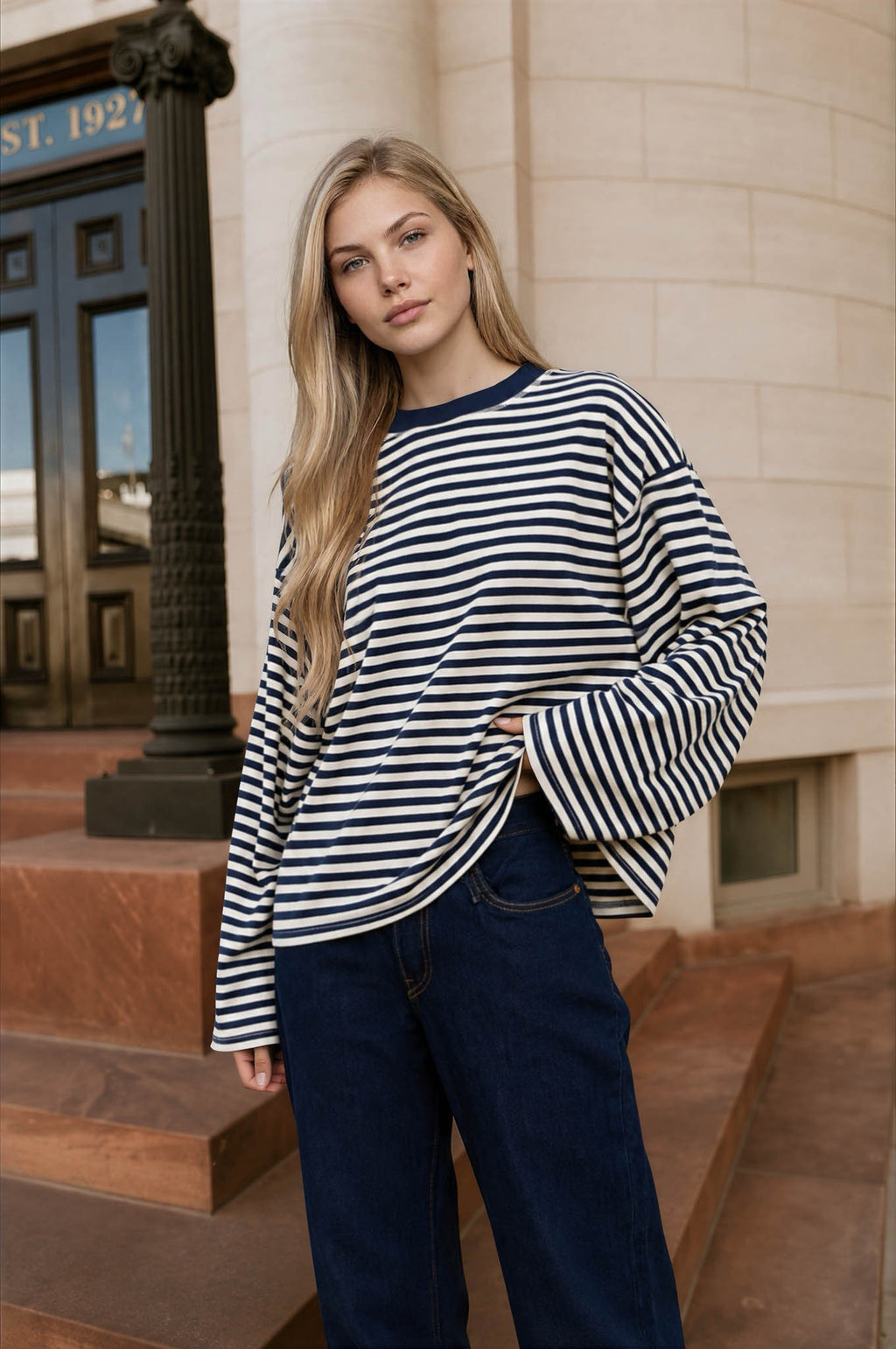 Striped Contrast Crew Neck Long Sleeve Knit Top