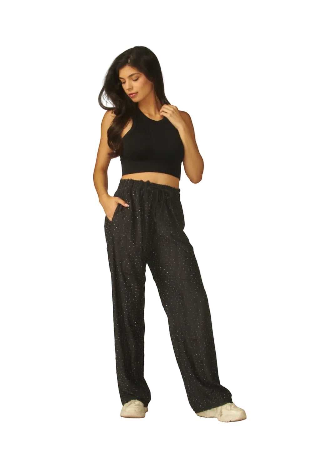 Made from a lightweight, super comfy loungewear pants with a adjustable drawstring waist. Has all over rhinestones, two side pockets and straight legs pants silhouette. In vintage destroyed condition.