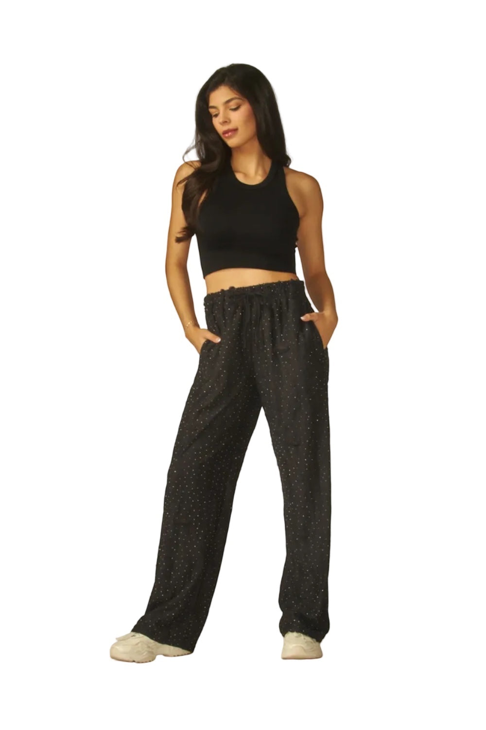 Made from a lightweight, super comfy loungewear pants with a adjustable drawstring waist. Has all over rhinestones, two side pockets and straight legs pants silhouette. In vintage destroyed condition.