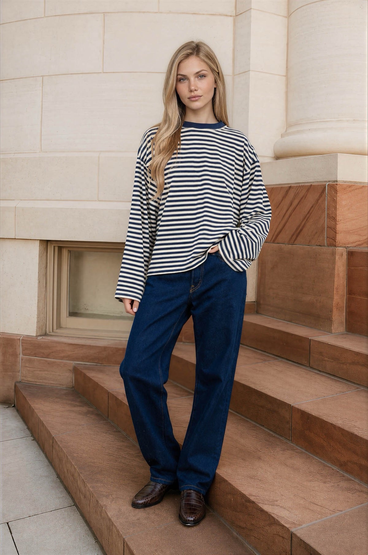 Striped Contrast Crew Neck Long Sleeve Knit Top