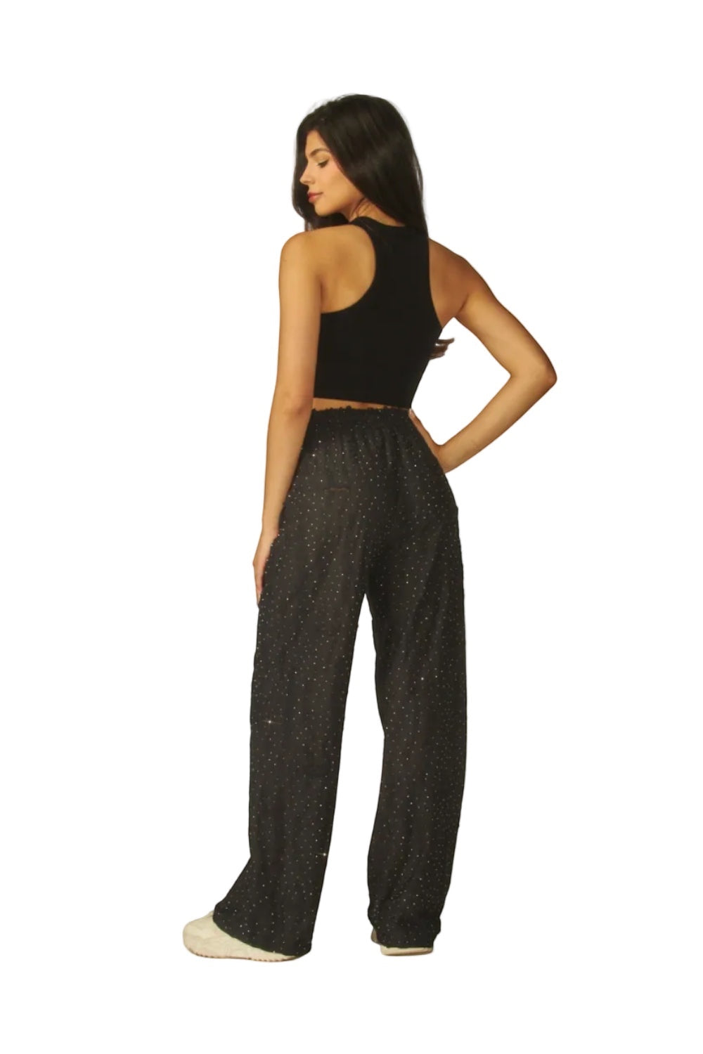 Made from a lightweight, super comfy loungewear pants with a adjustable drawstring waist. Has all over rhinestones, two side pockets and straight legs pants silhouette. In vintage destroyed condition.
