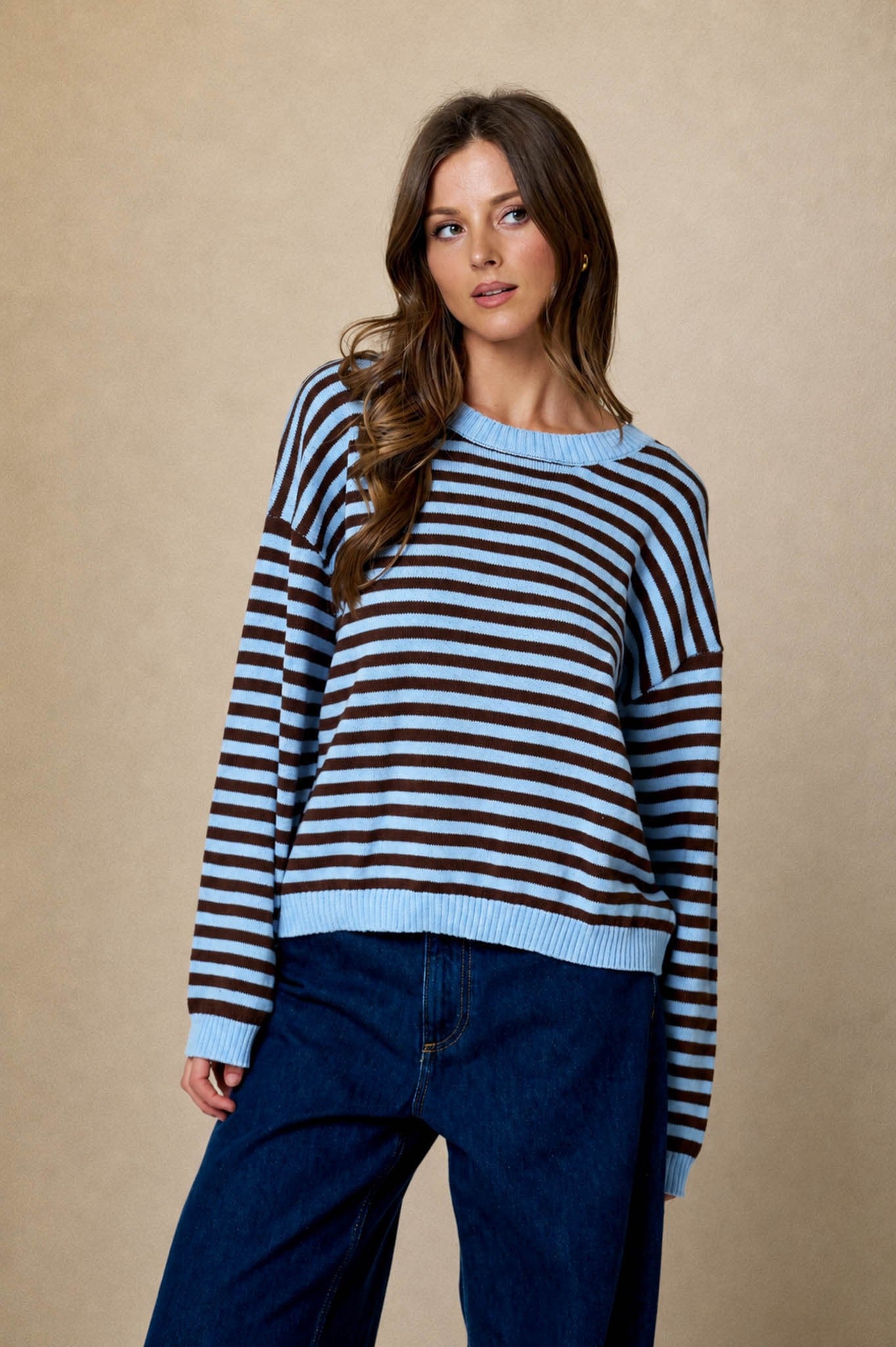 Stripe Relaxed Back Button Detail Knit Sweater- Light Blue