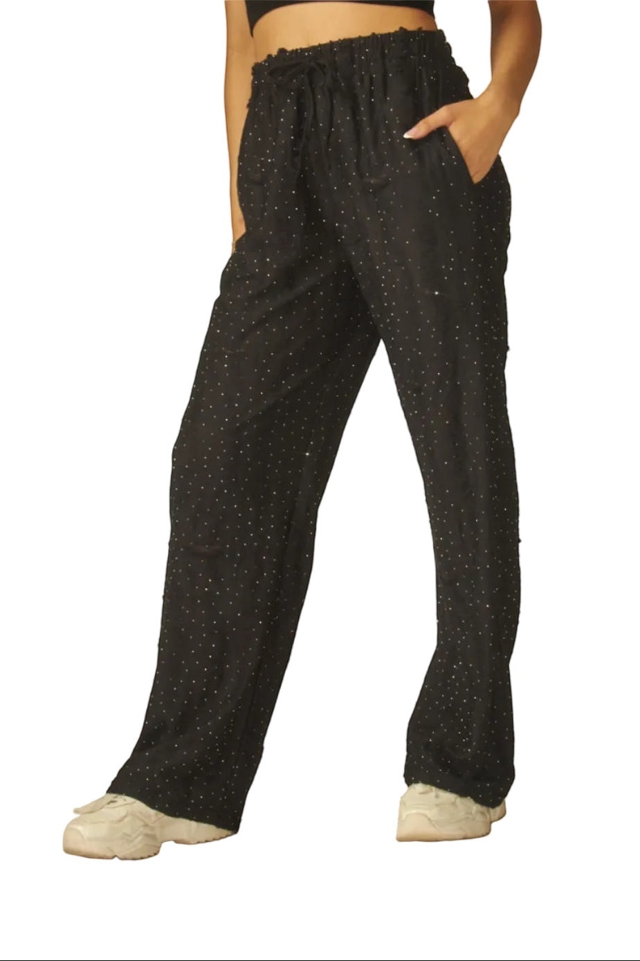 Made from a lightweight, super comfy loungewear pants with a adjustable drawstring waist. Has all over rhinestones, two side pockets and straight legs pants silhouette. In vintage destroyed condition.