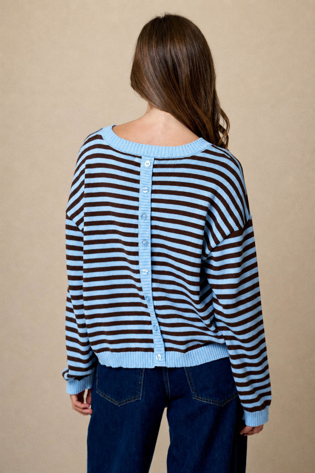 Stripe Relaxed Back Button Detail Knit Sweater- Light Blue
