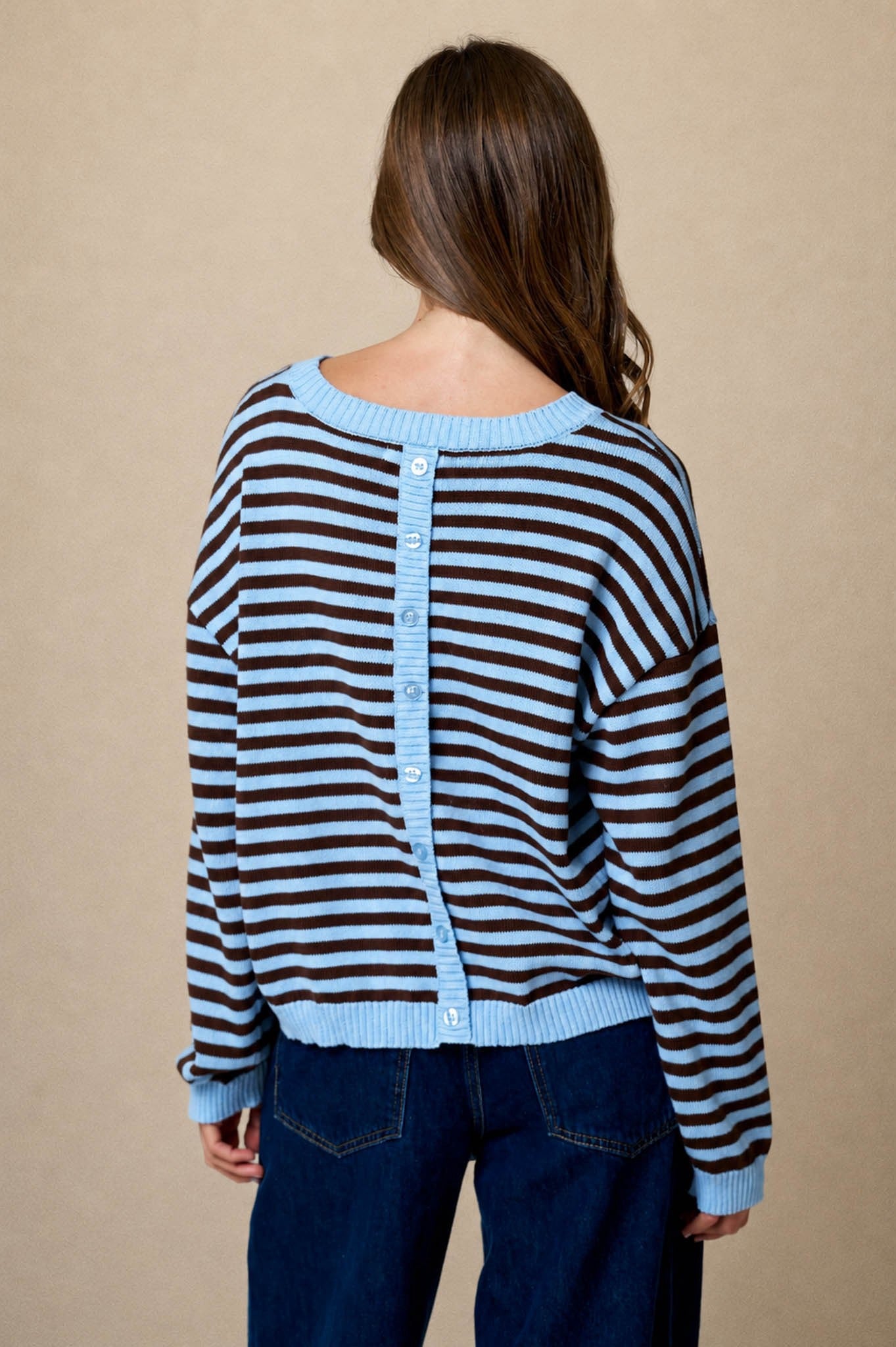 Stripe Relaxed Back Button Detail Knit Sweater- Light Blue