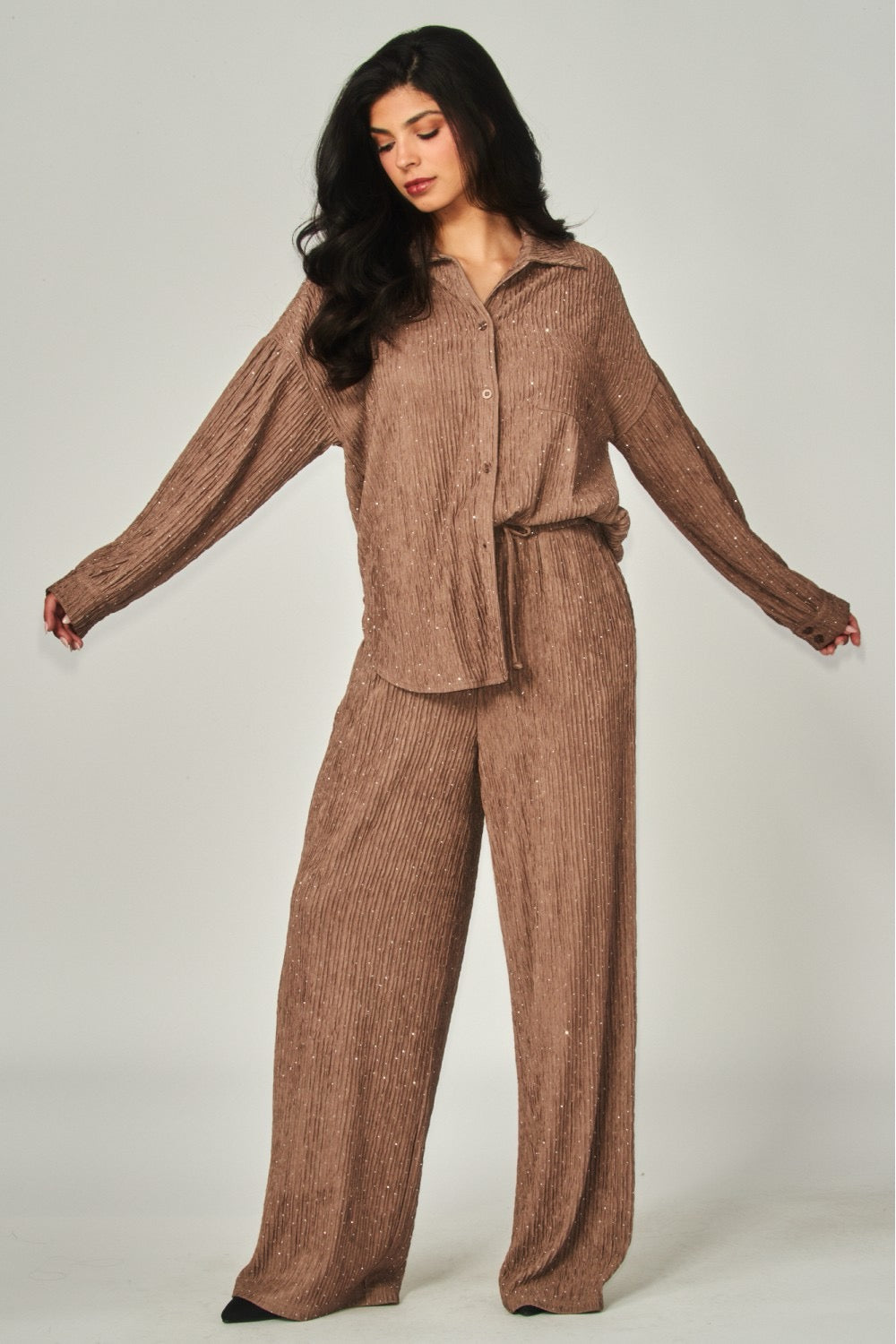 Crinkled Rhinestone Button Down Shirt Loungewear Set