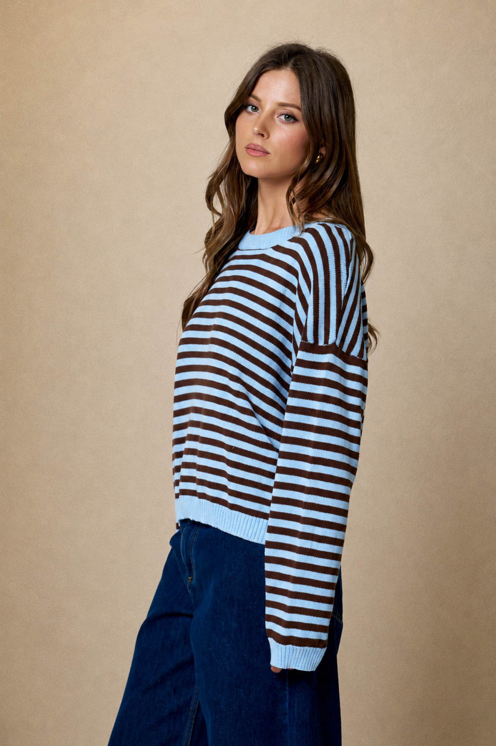 Stripe Relaxed Back Button Detail Knit Sweater- Light Blue