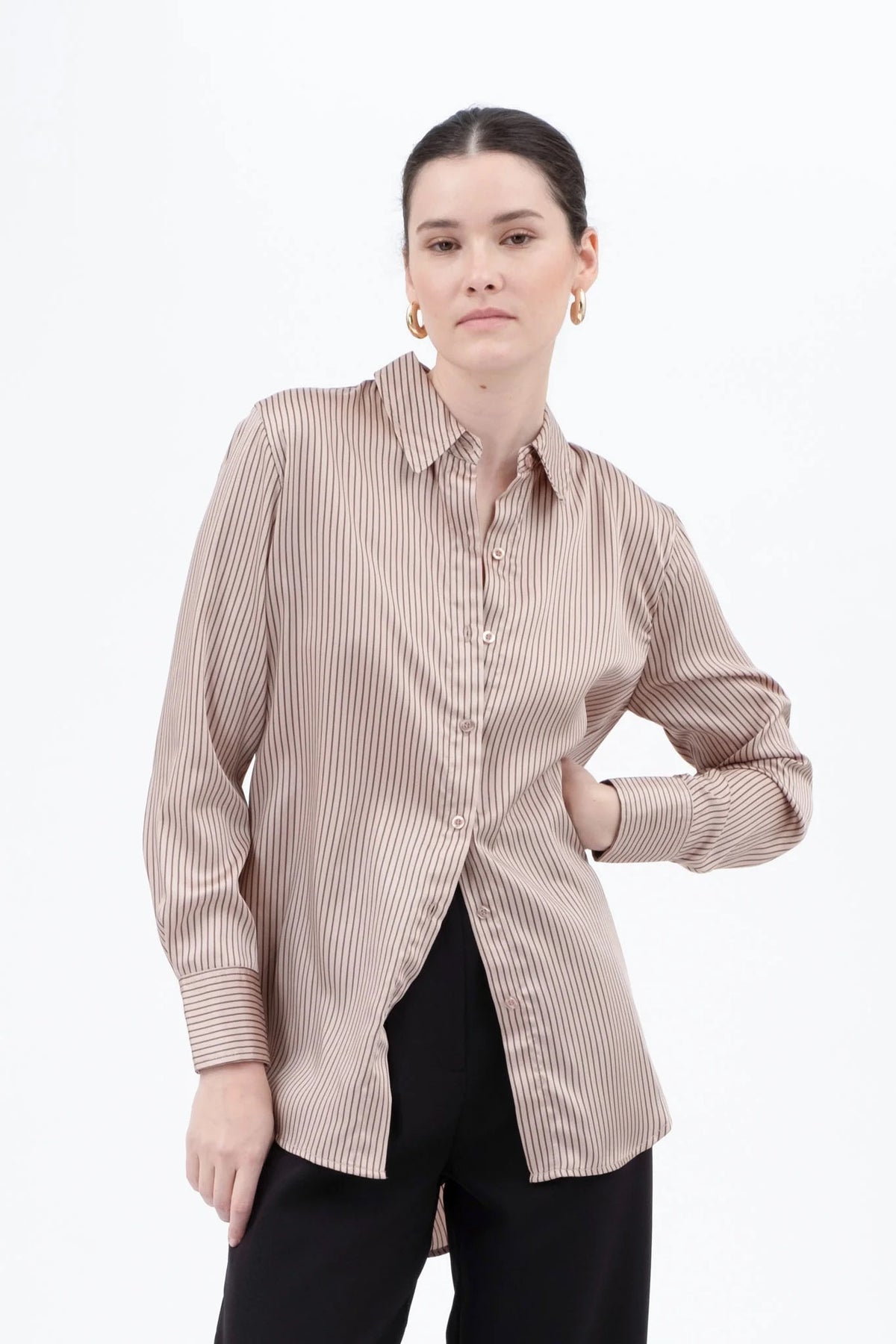 Pinstripe Pattern Collard Long Sleeve Shirt
