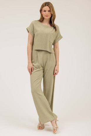 Boat Neck Short Fold Sleeve Boxy Cut Top & High Waist Wide Leg Pleated Pants Set