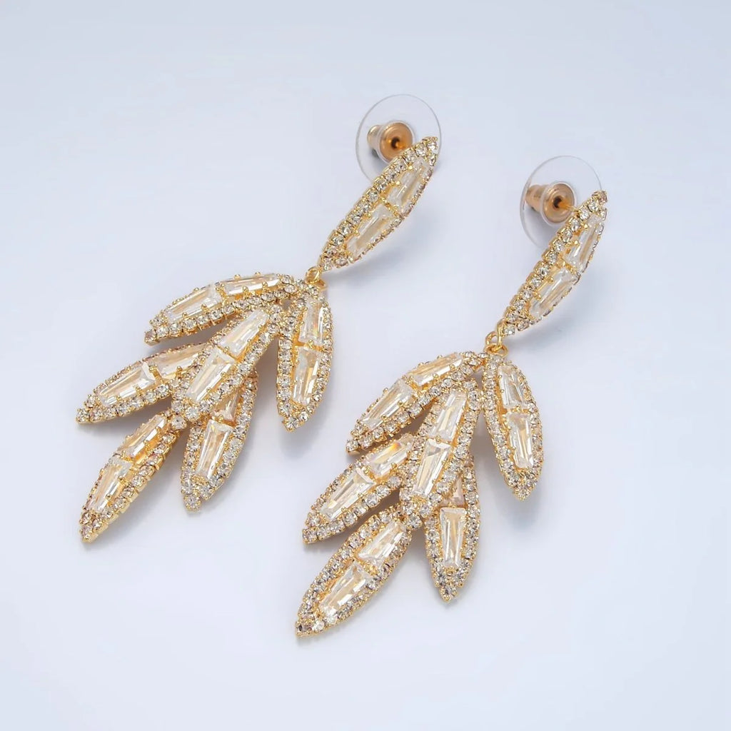 Leaf Sphere Baguette CZ Micro Paved Drop Stud Earrings