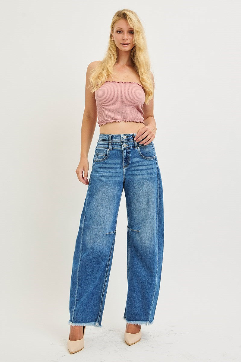 Slouchy Barrell Double Waistband Detail Jeans