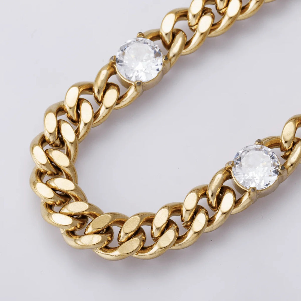 Gold Stainless Steel 6.3mm Triple CZ Curb Chain 8.5 Inch Bracelet