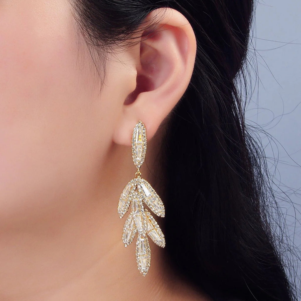 Leaf Sphere Baguette CZ Micro Paved Drop Stud Earrings