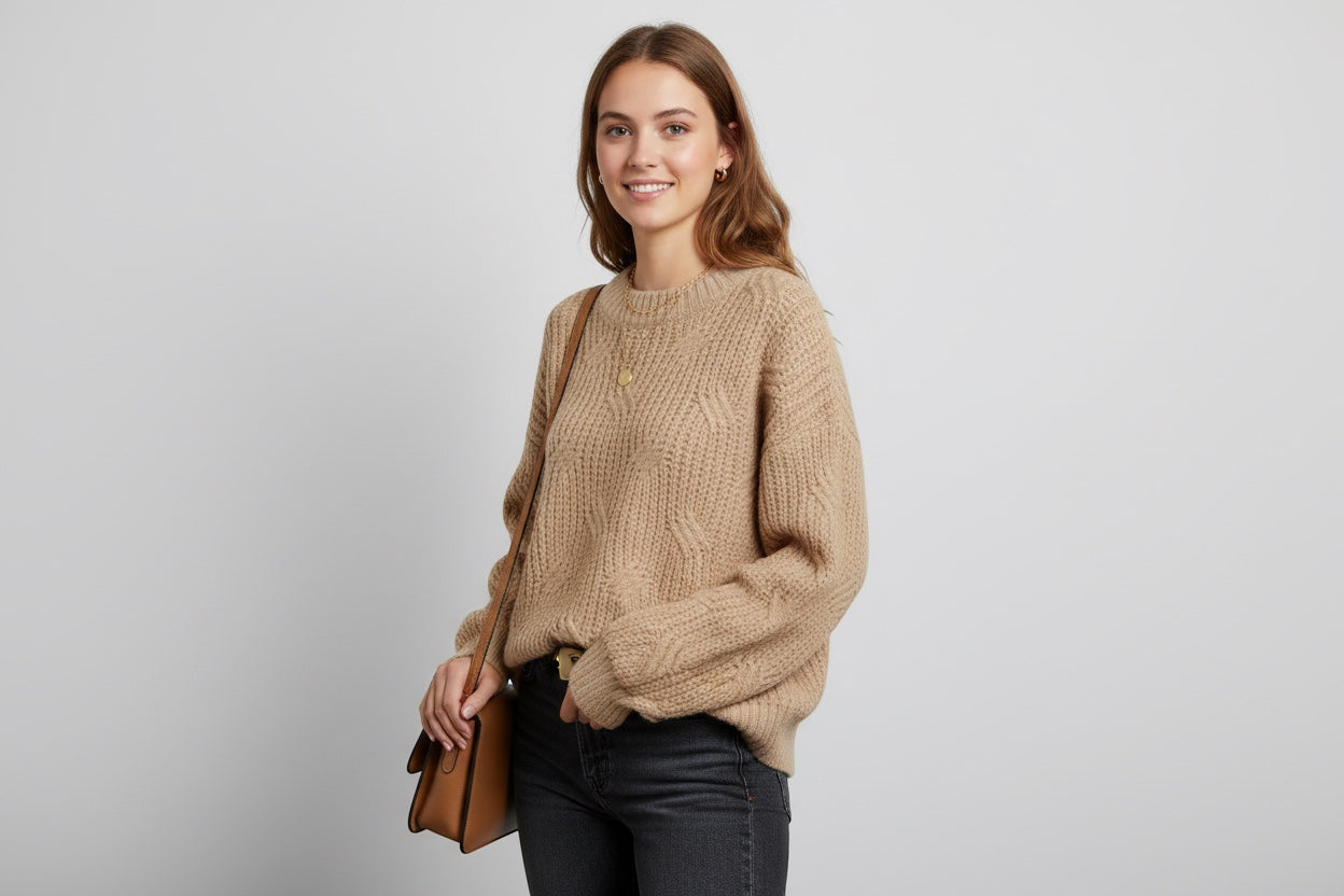 Luxe Life Styled beige crochet knit sweater with staircase braid pattern, ribbed trim, 55% cotton, 45% acrylic.