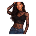 Luxe Life Styled black sheer lace long sleeve fitted high neck top with floral pattern. Model wears with a bralette and jeans.