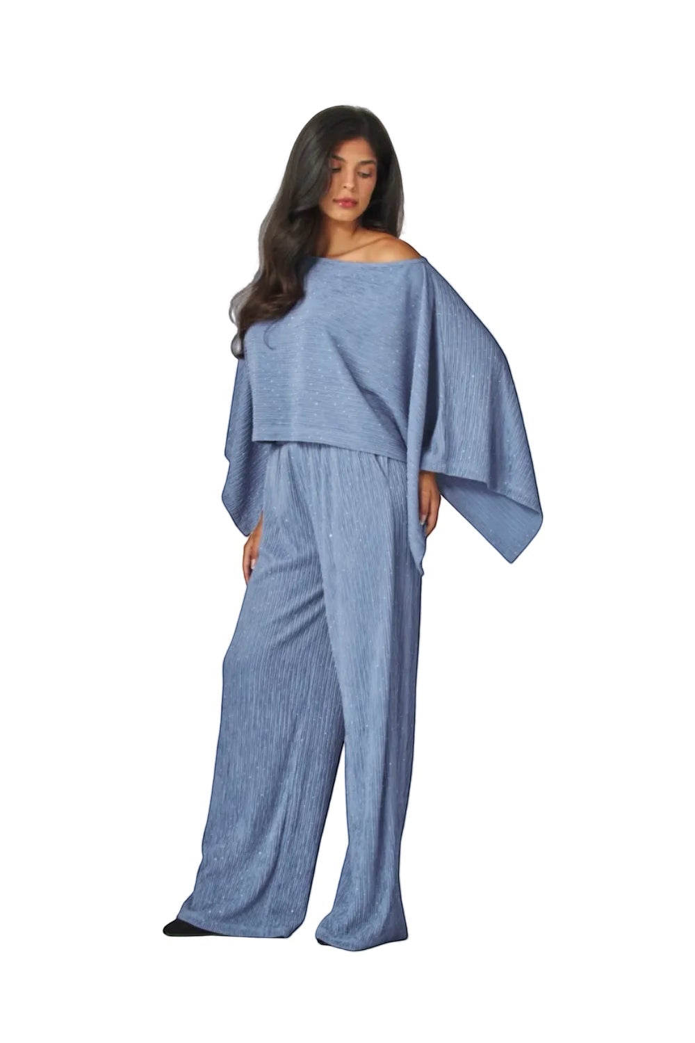 Luxe Life Styled blue crinkled plisse cape kimono top with wide-leg pants set, embellished with rhinestones.