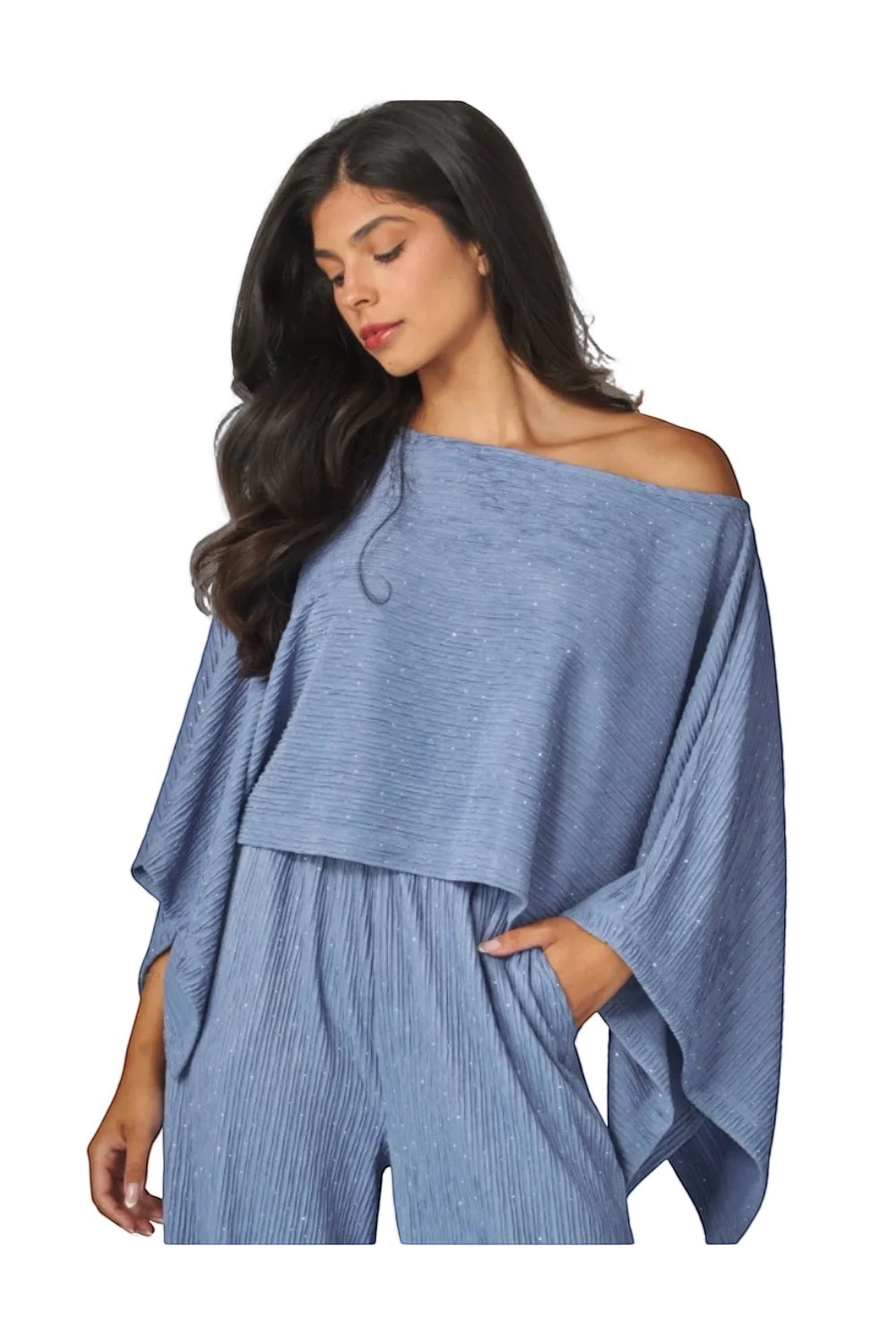 Luxe Life Styled blue crinkled plisse cape kimono and wide-leg pants set with rhinestone details.