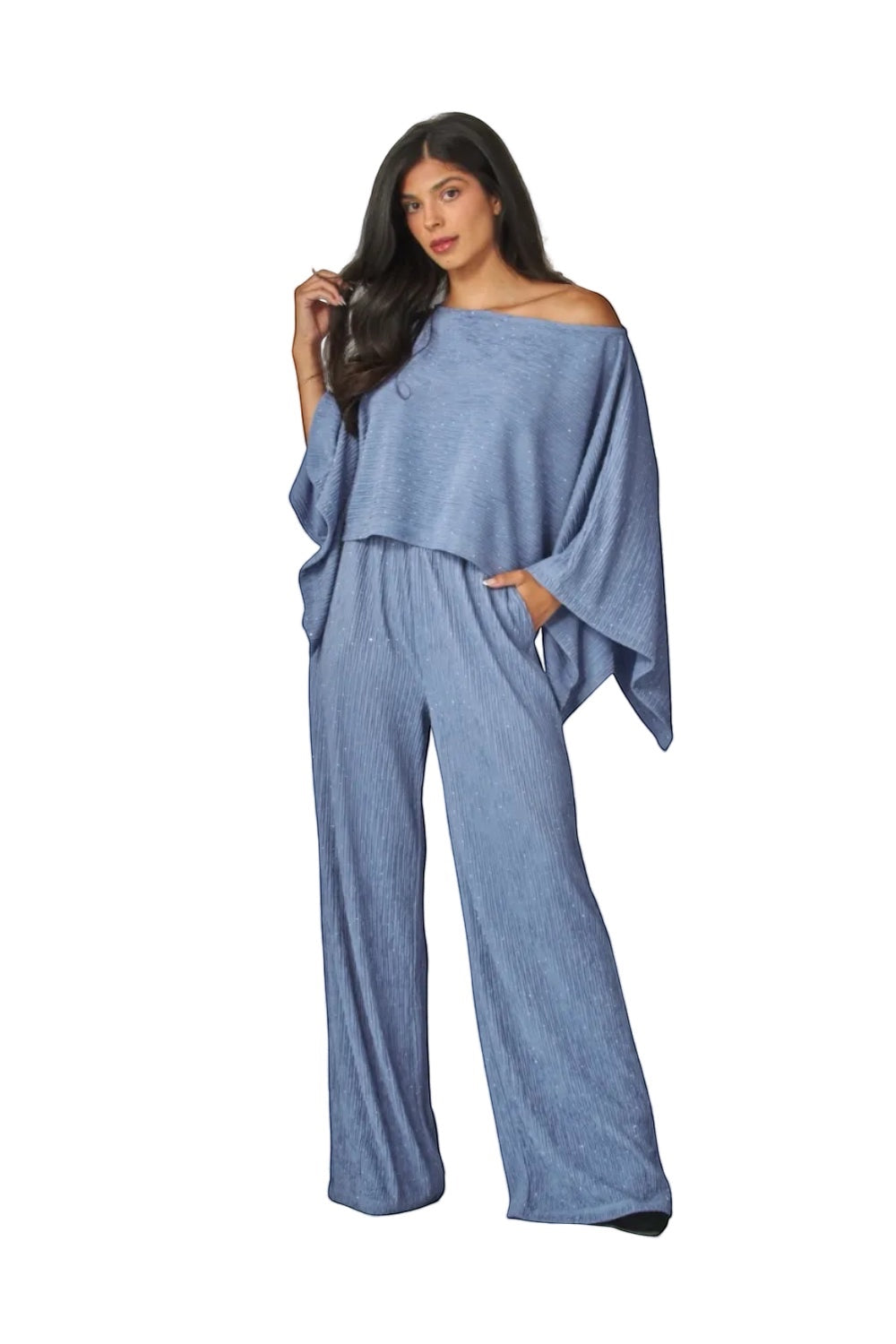 Luxe Life Styled blue crinkled plisse cape kimono and wide-leg pants set with rhinestone details.