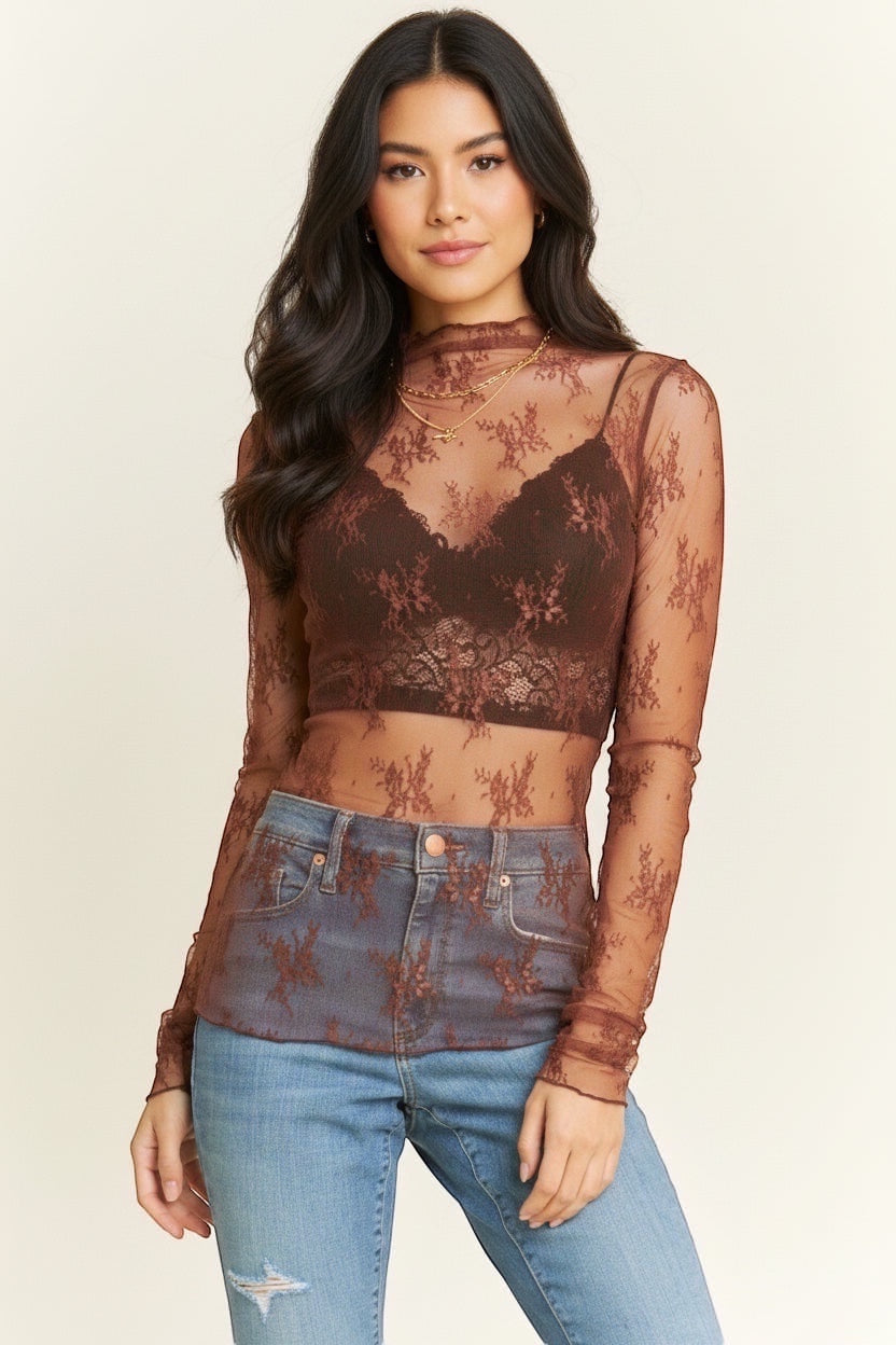 Luxe Life Styled brown sheer lace long sleeve fitted high neck top