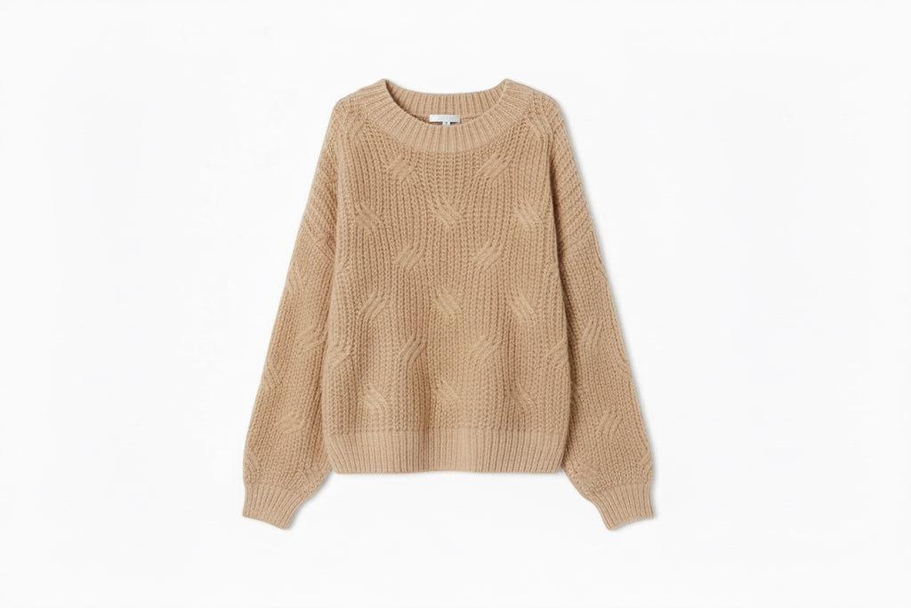 Luxe Life Styled camel crochet knit sweater with staircase braid pattern, ribbed trim, 55% cotton, 45% acrylic.