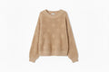 Luxe Life Styled camel crochet knit sweater with staircase braid pattern, ribbed trim, 55% cotton, 45% acrylic.
