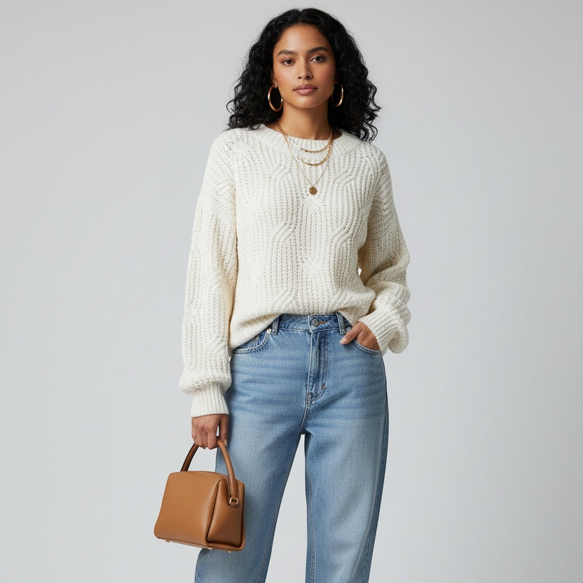 Luxe Life Styled cream crochet knit sweater with staircase braid pattern, ribbed trim, 55% cotton, 45% acrylic.