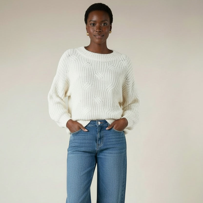 Luxe Life Styled cream crochet knit sweater with staircase braid pattern and ribbed trim, made from cotton and acrylic blend.